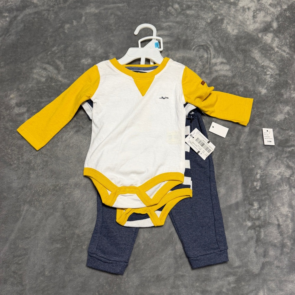 7 For All Mankind Baby Boy 3pc Set Bodysuits Joggers White Yellow Navy 3-6M NWT